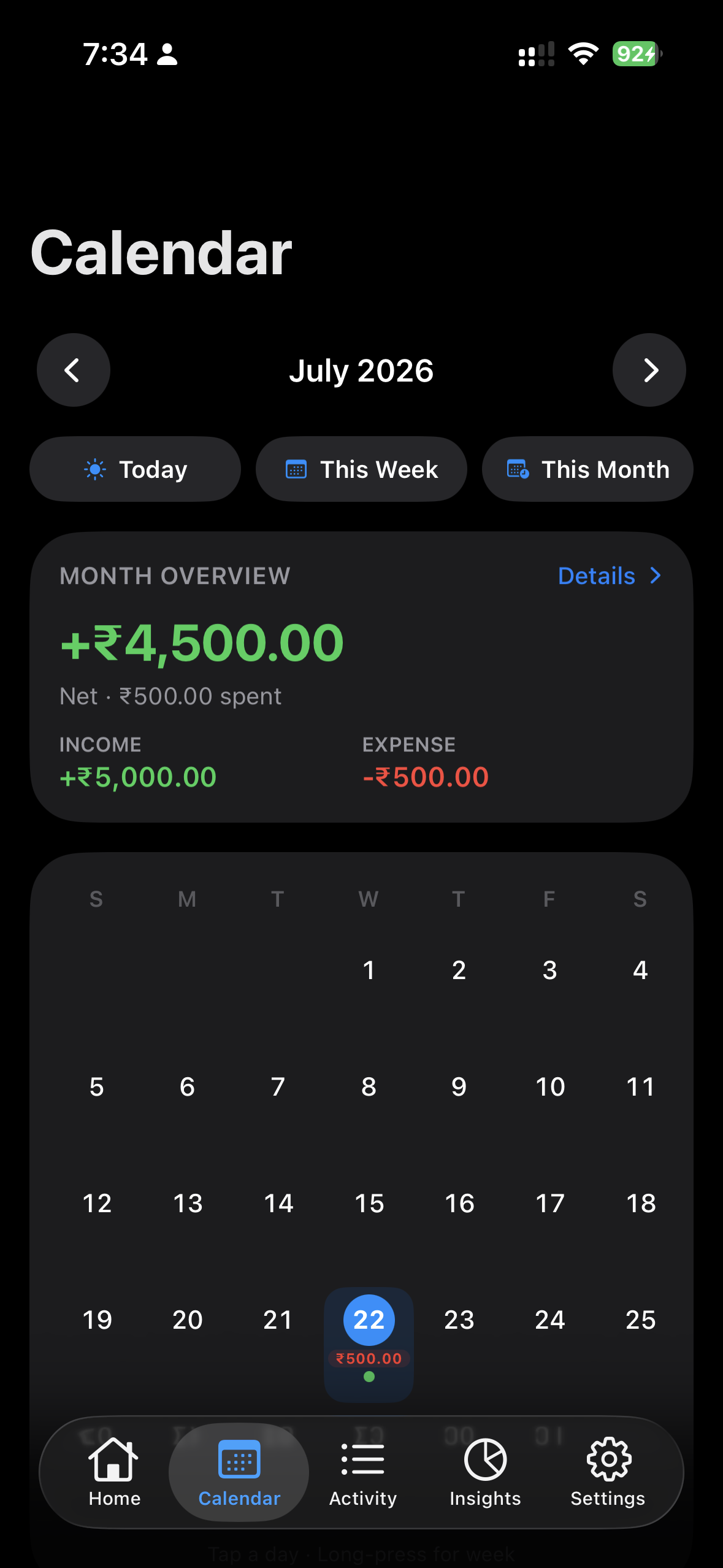 The monthly calendar, with each active day marked by its expense total.